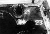 The front armor of the turret. Penetration #23 was made by a 100 mm armor-piercing projectile*. Penetration #25 was made by an 88 mm armor-piercing projectile that went completely through the tank (see photo below) at a range of 400 metres
