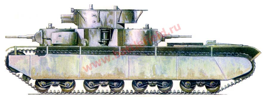 T-35A в стандартном зимнем камуфляже. Танковый полк ВАММ. Зима 1941 г.